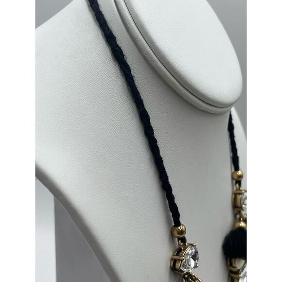 J. Crew Crystal Clear Milky White Gems Black Fringe Adjustable Tie Necklace - Picture 7 of 14